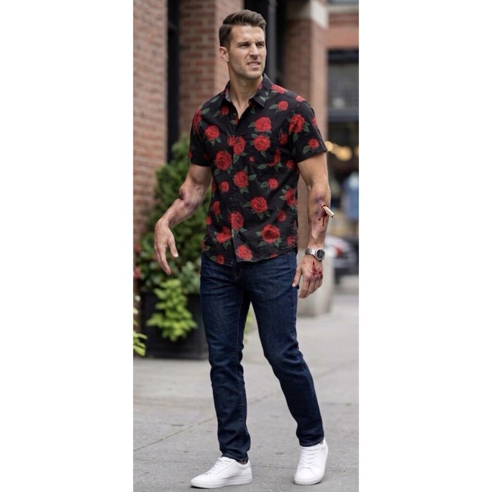 Eighty Eight - Mens Black Red Roses Short Sleeve Button Up Shirt - Size Large